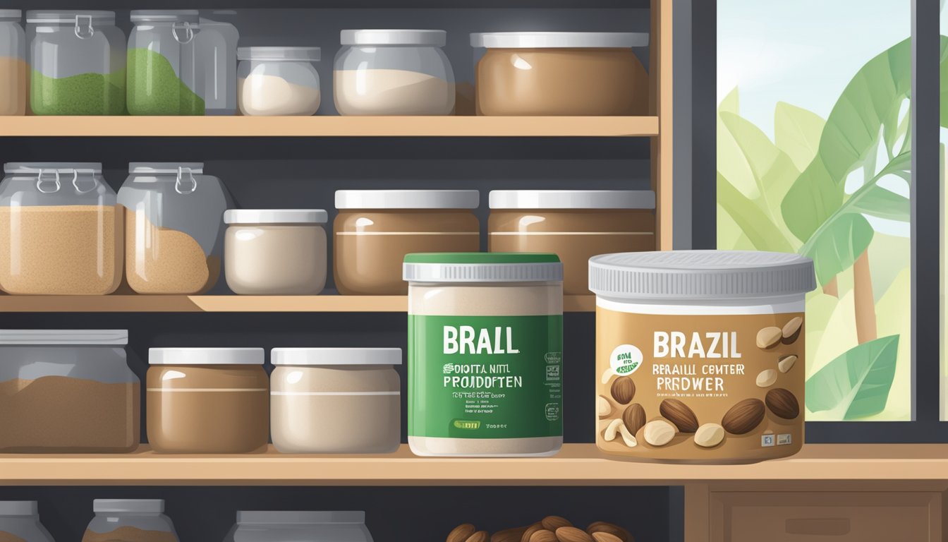 A sealed container of brazil nut protein powder sits on a shelf in a cool, dry pantry, away from direct sunlight and heat sources