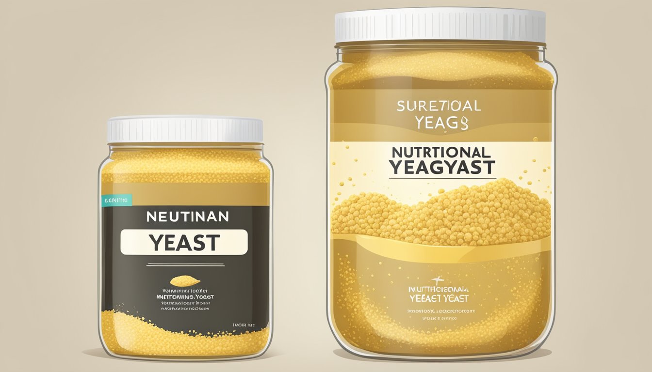 A clear glass jar of nutritional yeast with visible signs of spoilage, such as clumping, discoloration, and a foul odor