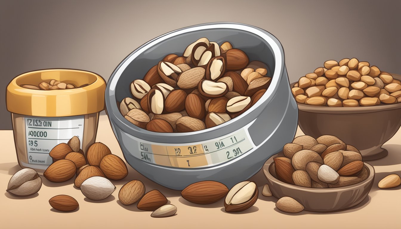 A pile of assorted nuts with a focus on a single brazil nut, surrounded by measuring cups and a nutrition label