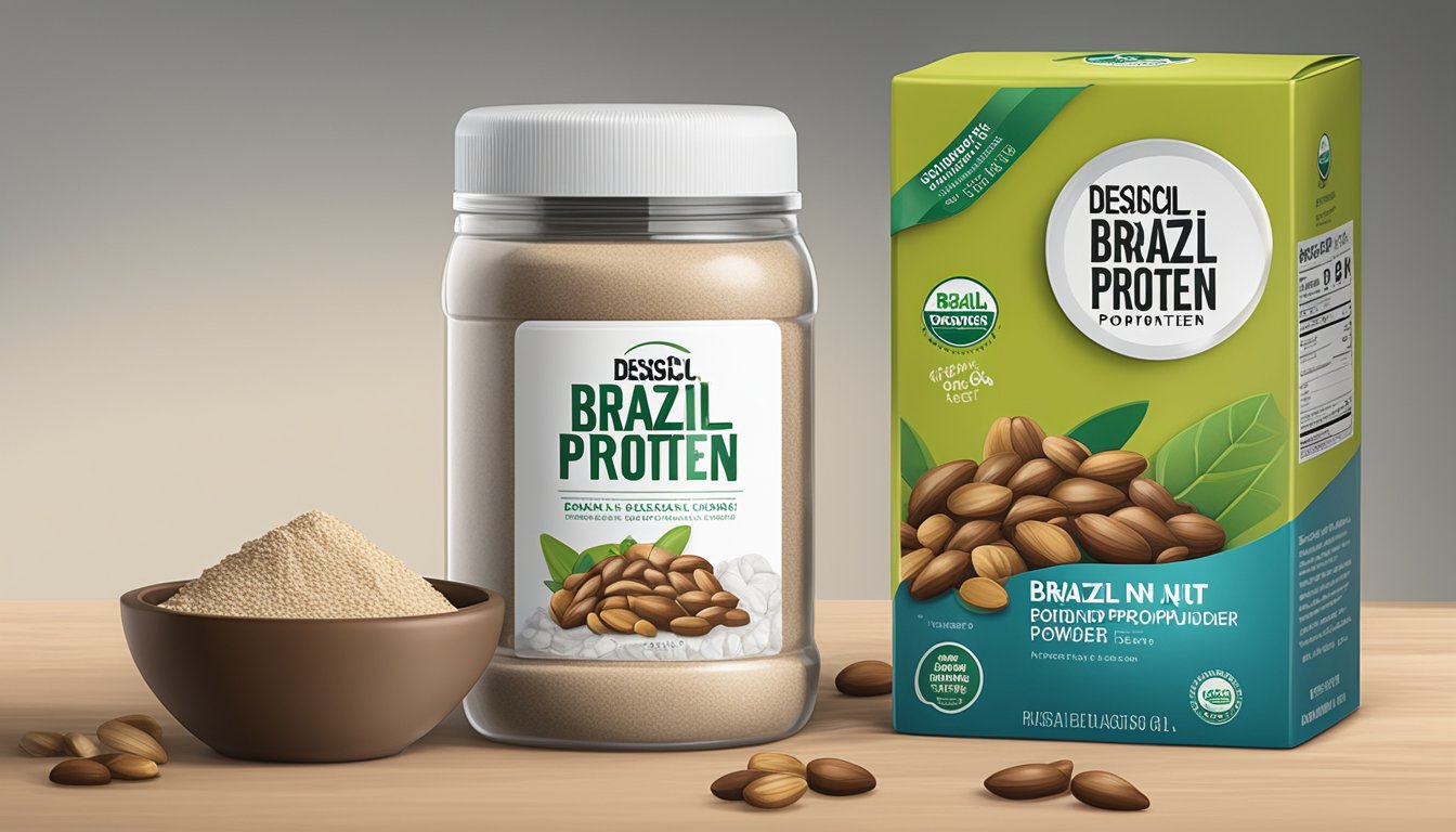 A sealed container of brazil nut protein powder sits on a shelf next to a jar of desiccant packets