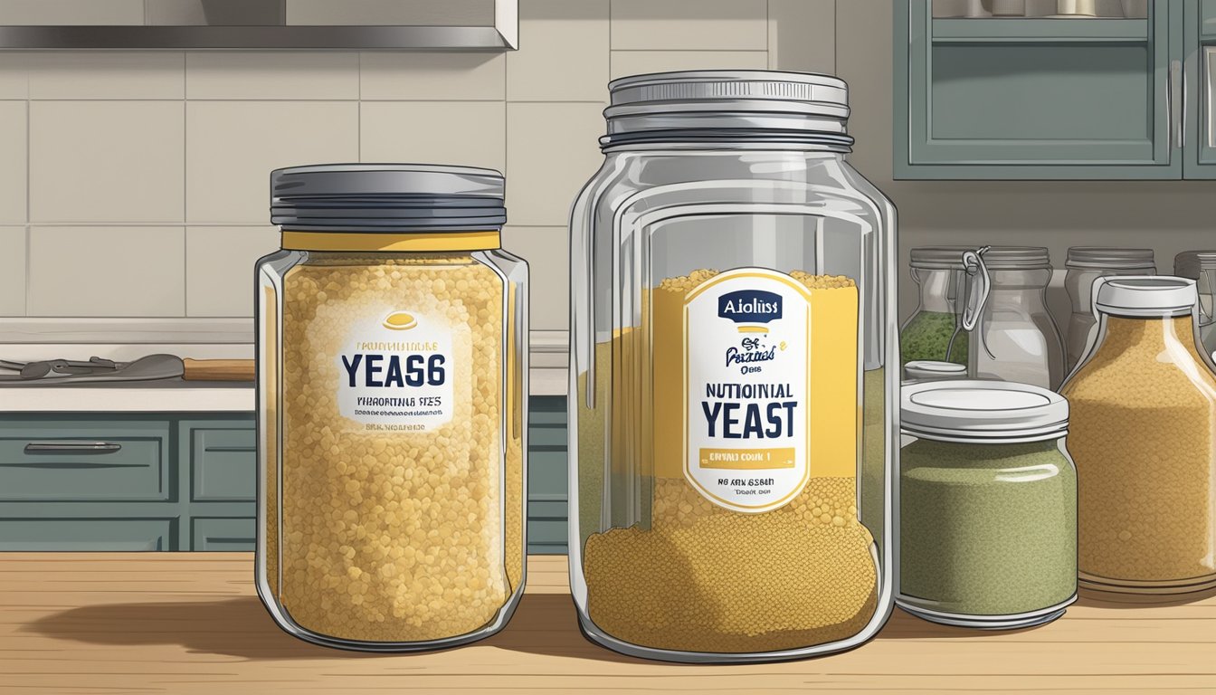 A jar of nutritional yeast sits on a kitchen counter, surrounded by various pantry items. The lid is slightly ajar, and the expiration date is visible