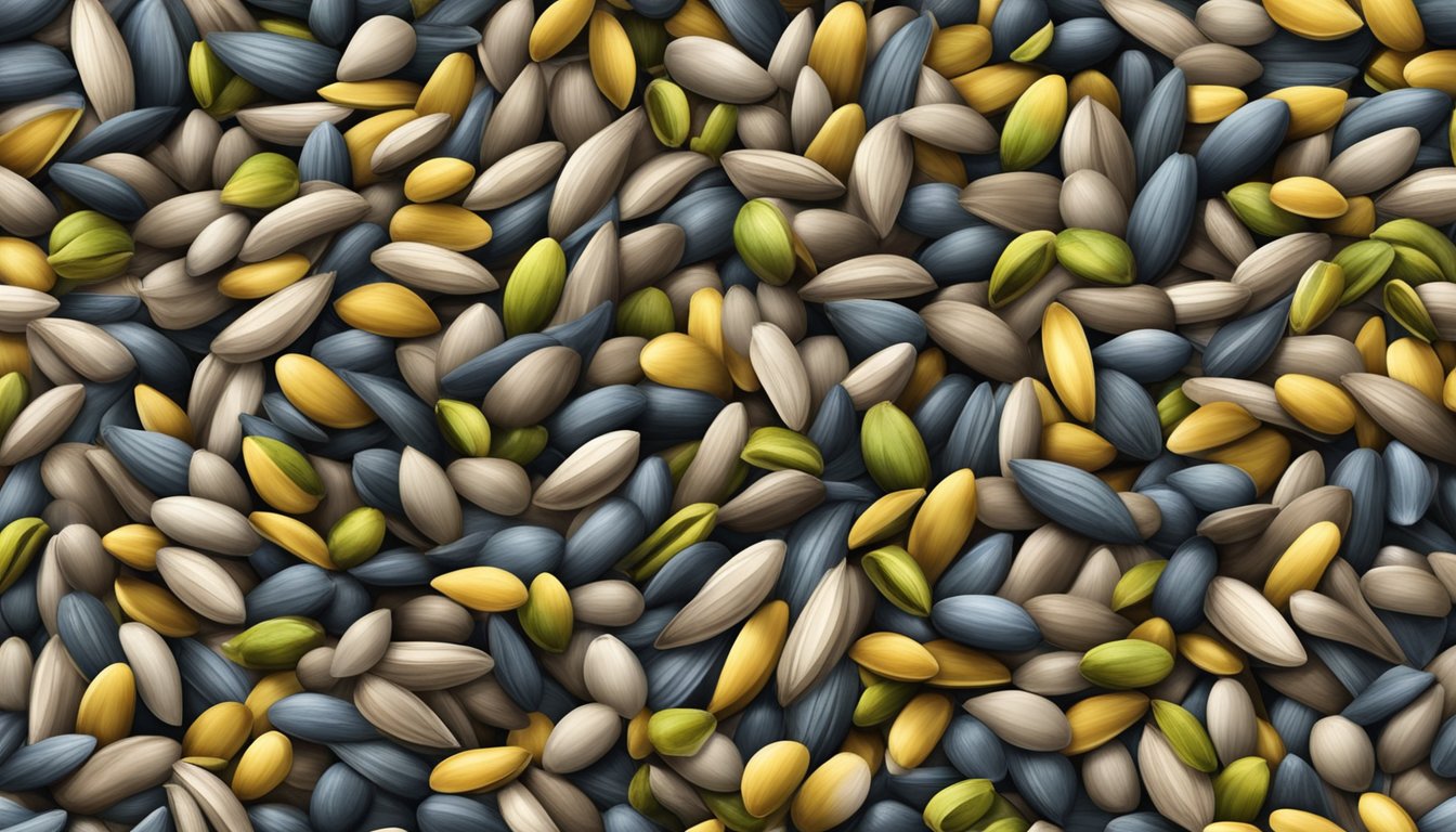 A pile of sunflower seeds with a few visibly moldy and discolored seeds mixed in