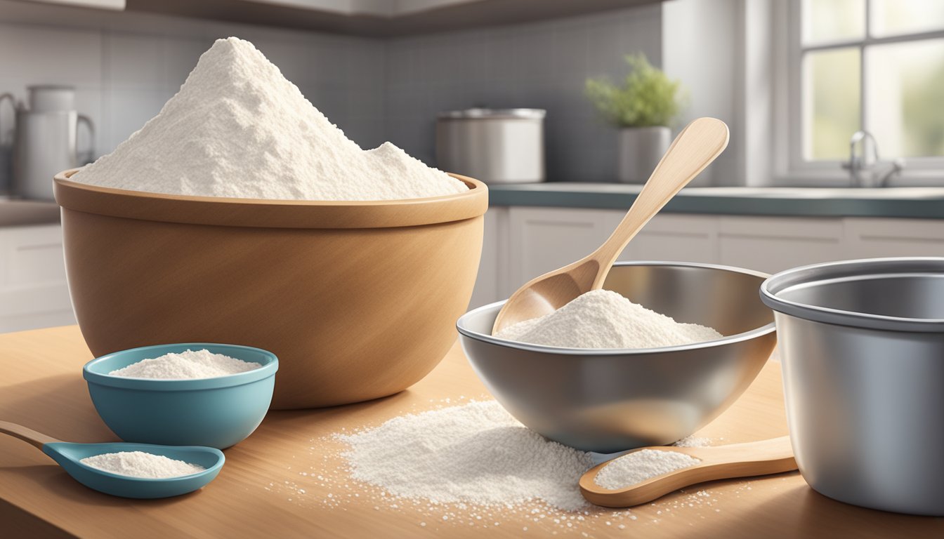 A bag of tapioca flour sits on a clean, well-lit kitchen counter, surrounded by measuring spoons and a mixing bowl