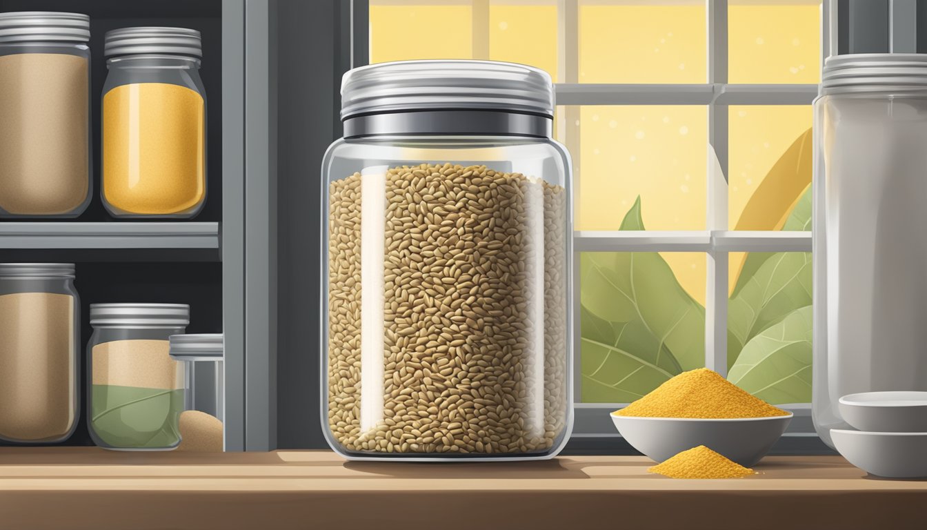 A glass jar filled with sunflower seed protein powder, sealed tightly with a lid, placed in a cool, dry pantry away from direct sunlight