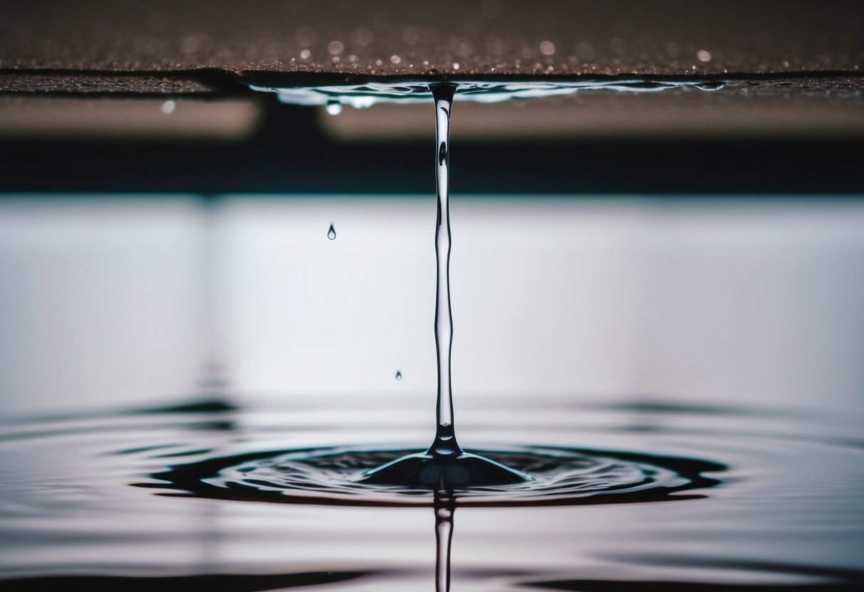 Water drips from a ceiling crack, pooling on the floor below