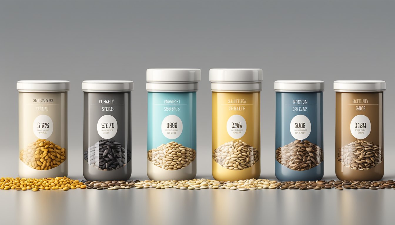 A variety of sunflower seeds in different containers, some open and some sealed, with a focus on their protein content and stability