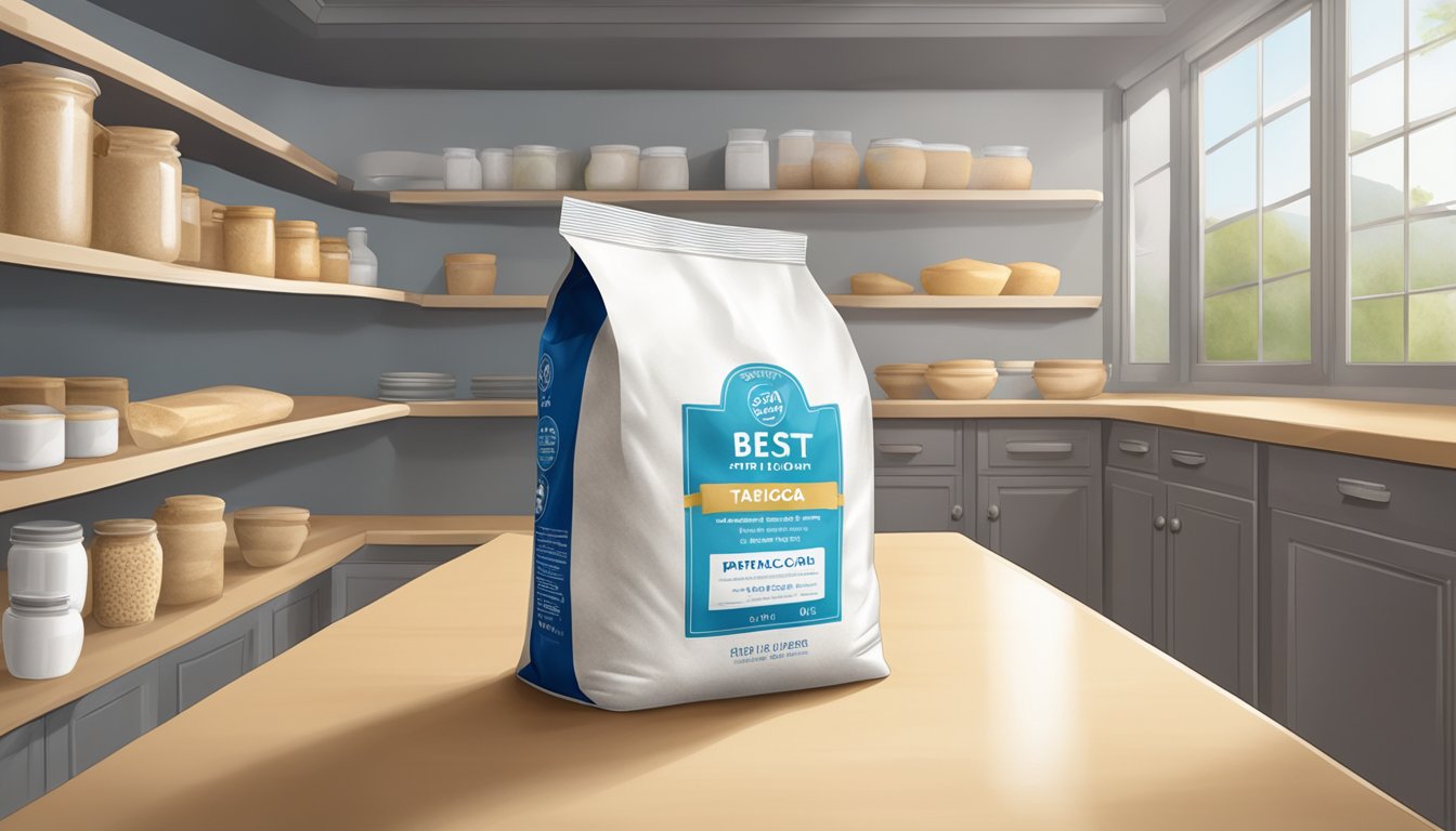 A bag of tapioca flour sits on a pantry shelf, sealed and labeled with a best-by date