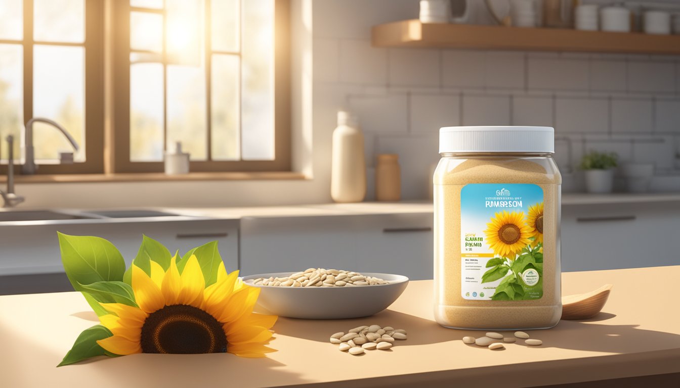 A jar of sunflower seed protein powder sits on a kitchen counter, surrounded by fresh sunflowers and a bright ray of sunlight streaming in through the window