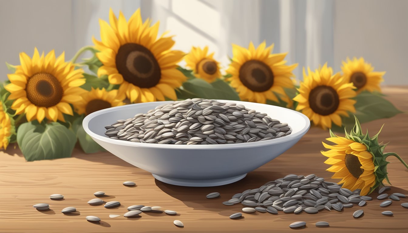 A bowl of sunflower seeds with a few spilled on a wooden table, surrounded by scattered seeds and a few sunflowers in the background