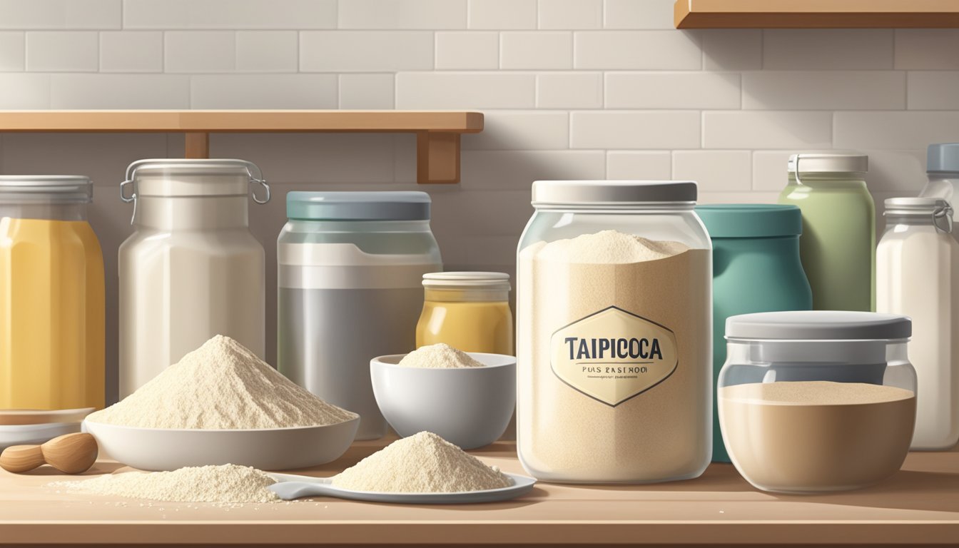 A bag of tapioca flour sits on a clean, organized shelf in a well-lit kitchen, surrounded by other neatly arranged baking ingredients and utensils