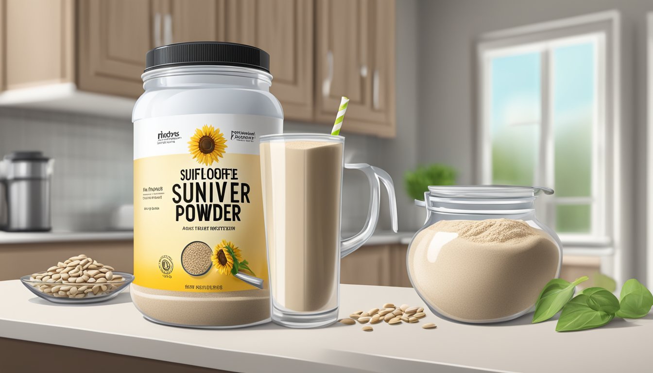 A jar of sunflower seed protein powder with a best before date, a scoop, and a glass of mixed protein shake on a kitchen counter