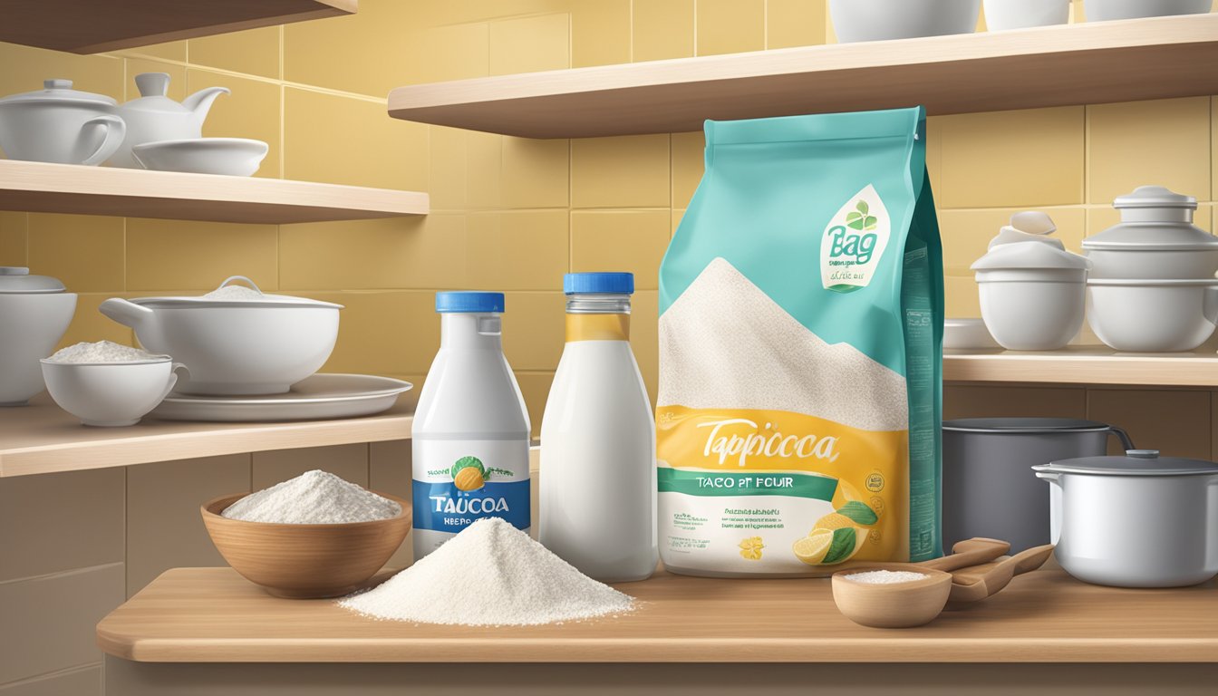 A bag of tapioca flour sits on a kitchen shelf, surrounded by various alternative and substitute ingredients