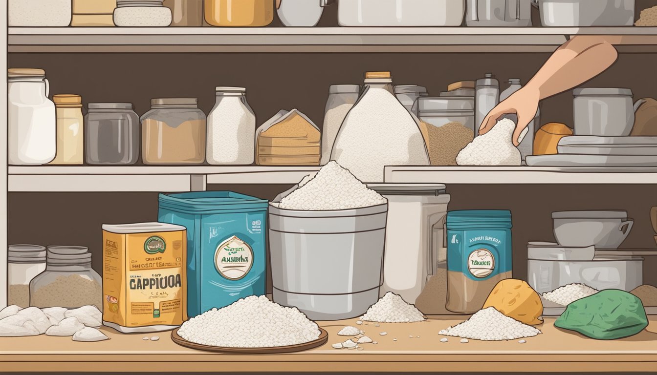 A bag of tapioca flour sits on a kitchen shelf, next to a pile of expired food items. A hand reaches out to dispose of the old items and replace them with fresh ones