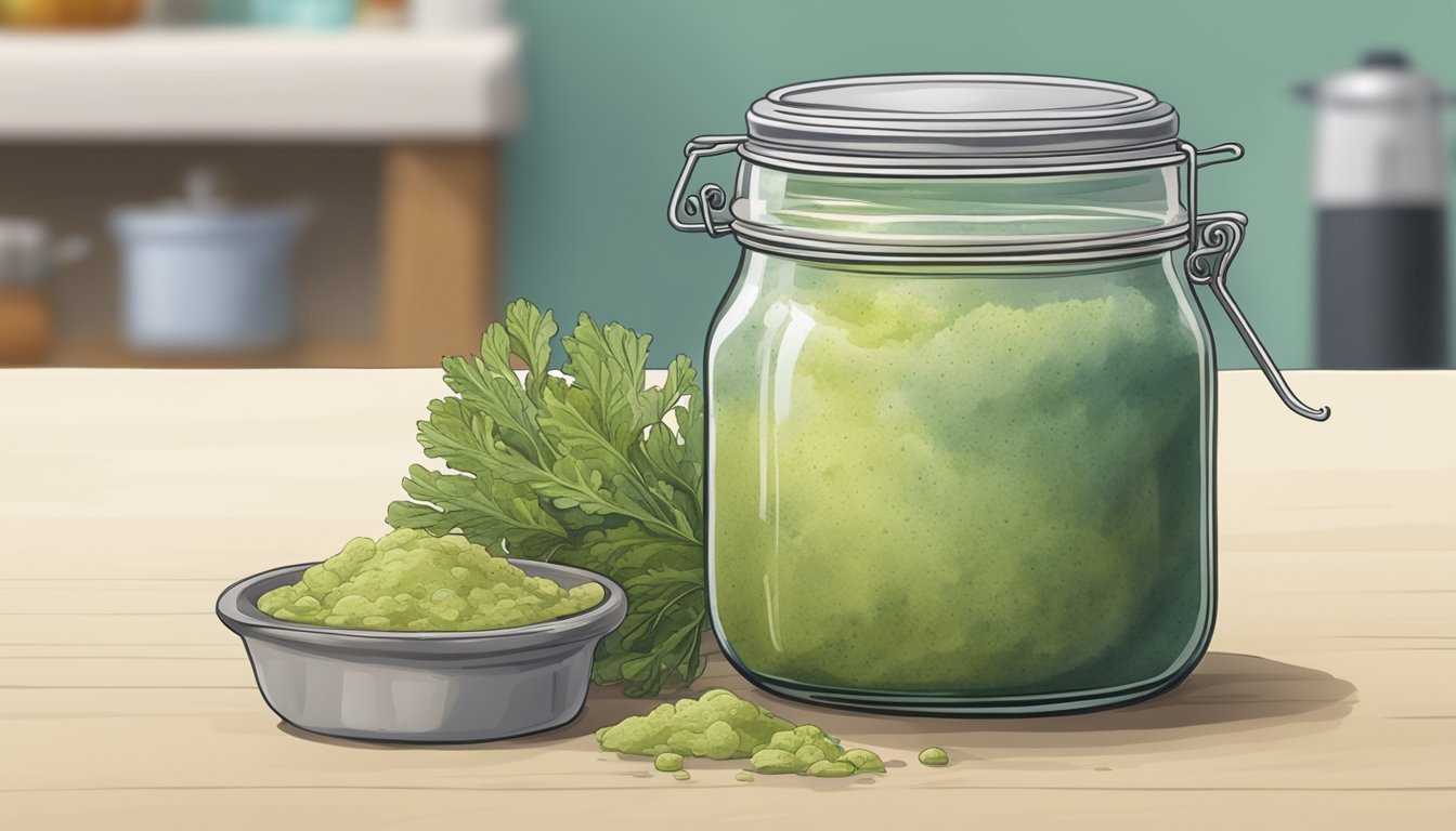 A jar of shortening with a rancid smell, discolored and moldy, sitting on a kitchen counter