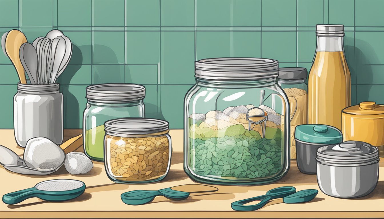 A jar of shortening sits on a kitchen counter, surrounded by measuring spoons and a mixing bowl. A safety guide for cooking is open nearby