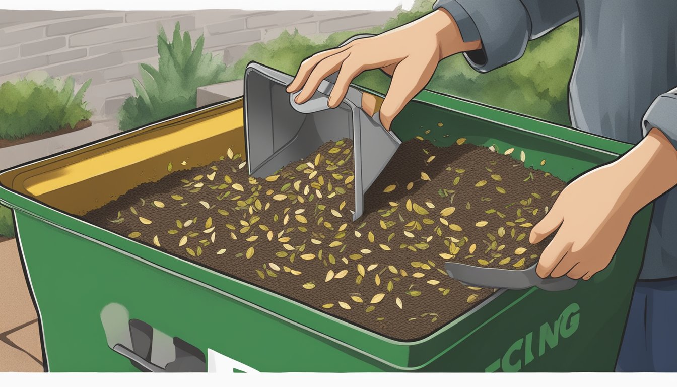 A hand pouring expired seeds into a compost bin, with a labeled recycling bin nearby