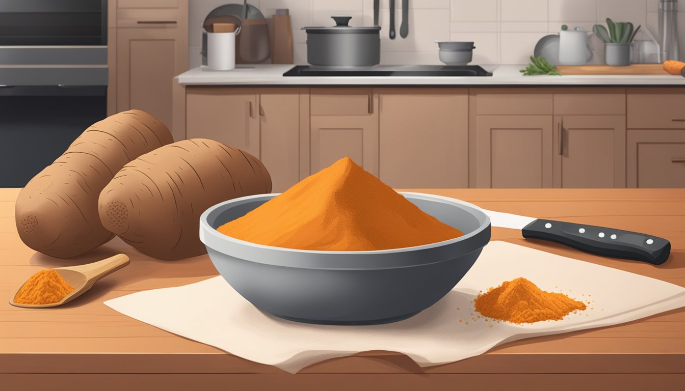 A bowl of sweet potato flour sits on a kitchen counter next to a bag of sweet potatoes. A chef's knife and cutting board are nearby