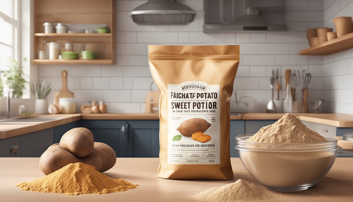 A bag of sweet potato flour sits on a kitchen counter, surrounded by various baking ingredients. The flour is in a resealable bag with a clear expiration date