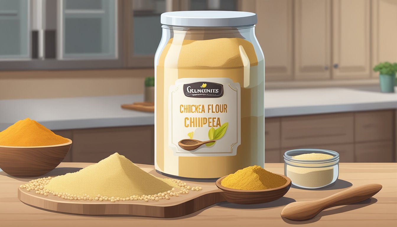 A bag of chickpea flour sits on a kitchen counter, next to a jar of spices and a wooden spoon. The flour is dry and powdery, with no signs of spoilage