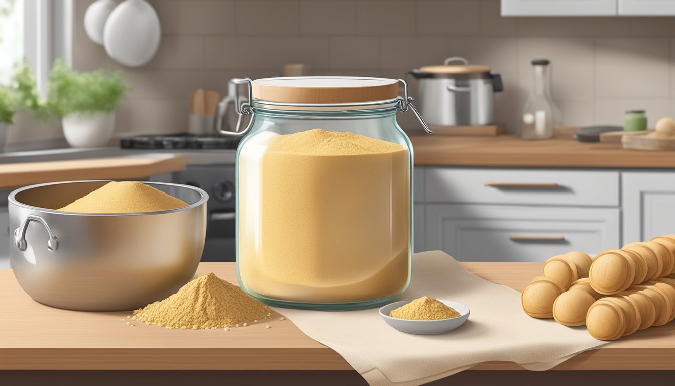 A clear glass jar of chickpea flour sits on a kitchen counter, surrounded by various baking ingredients and a calendar with the current date circled