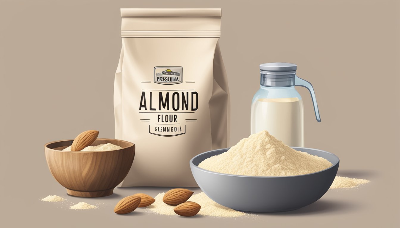 A bag of almond flour with a clear expiration date sits on a kitchen counter, surrounded by measuring cups and a mixing bowl