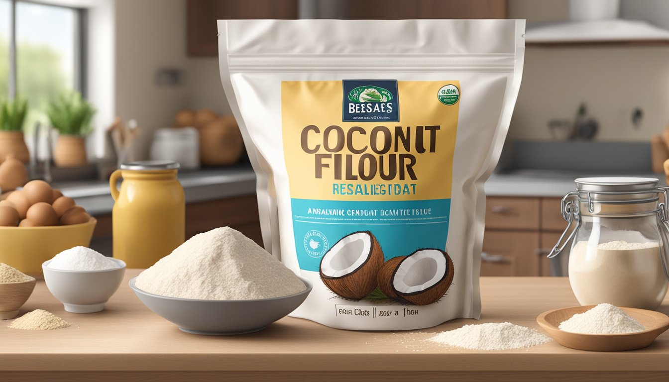 A bag of coconut flour sits on a kitchen counter, surrounded by various baking ingredients. The flour is in a resealable package with a best-by date clearly displayed