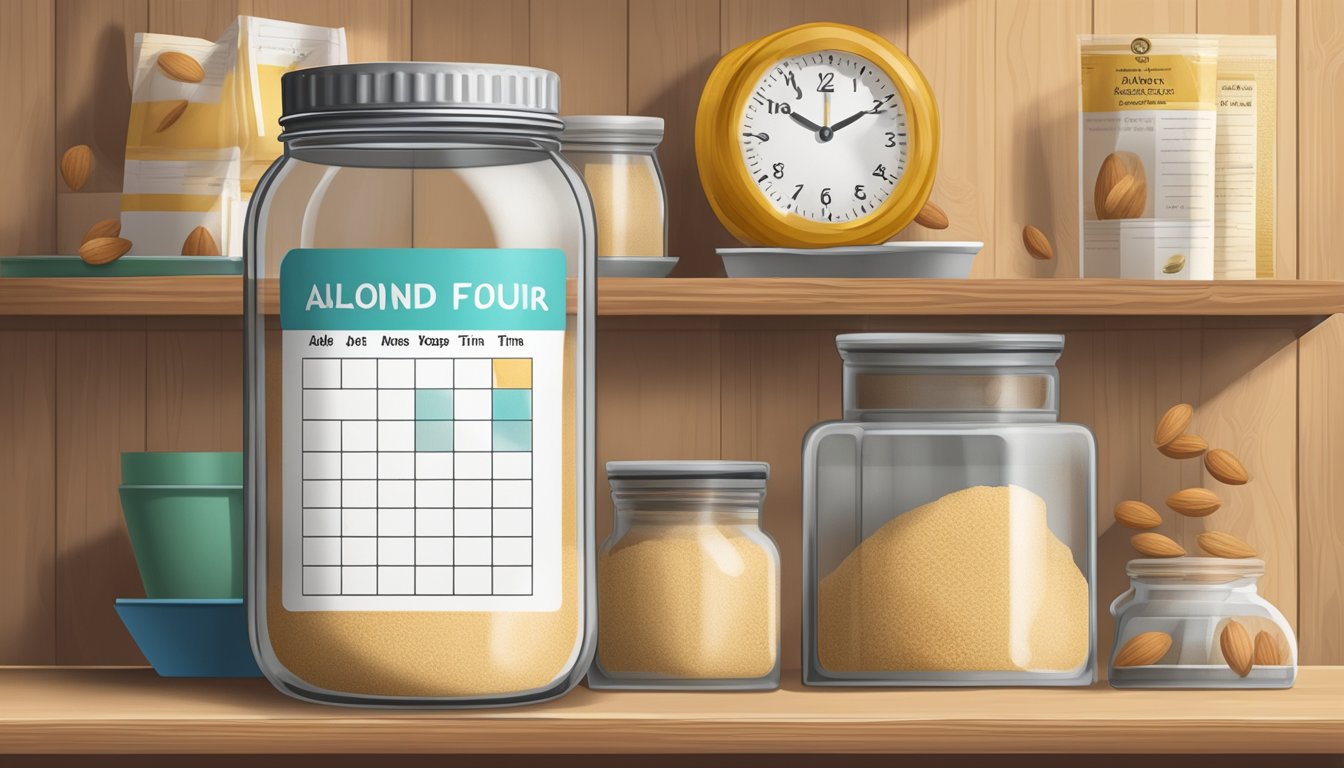 A jar of almond flour sits on a shelf, labeled with storage guidelines. A calendar and clock show passing time