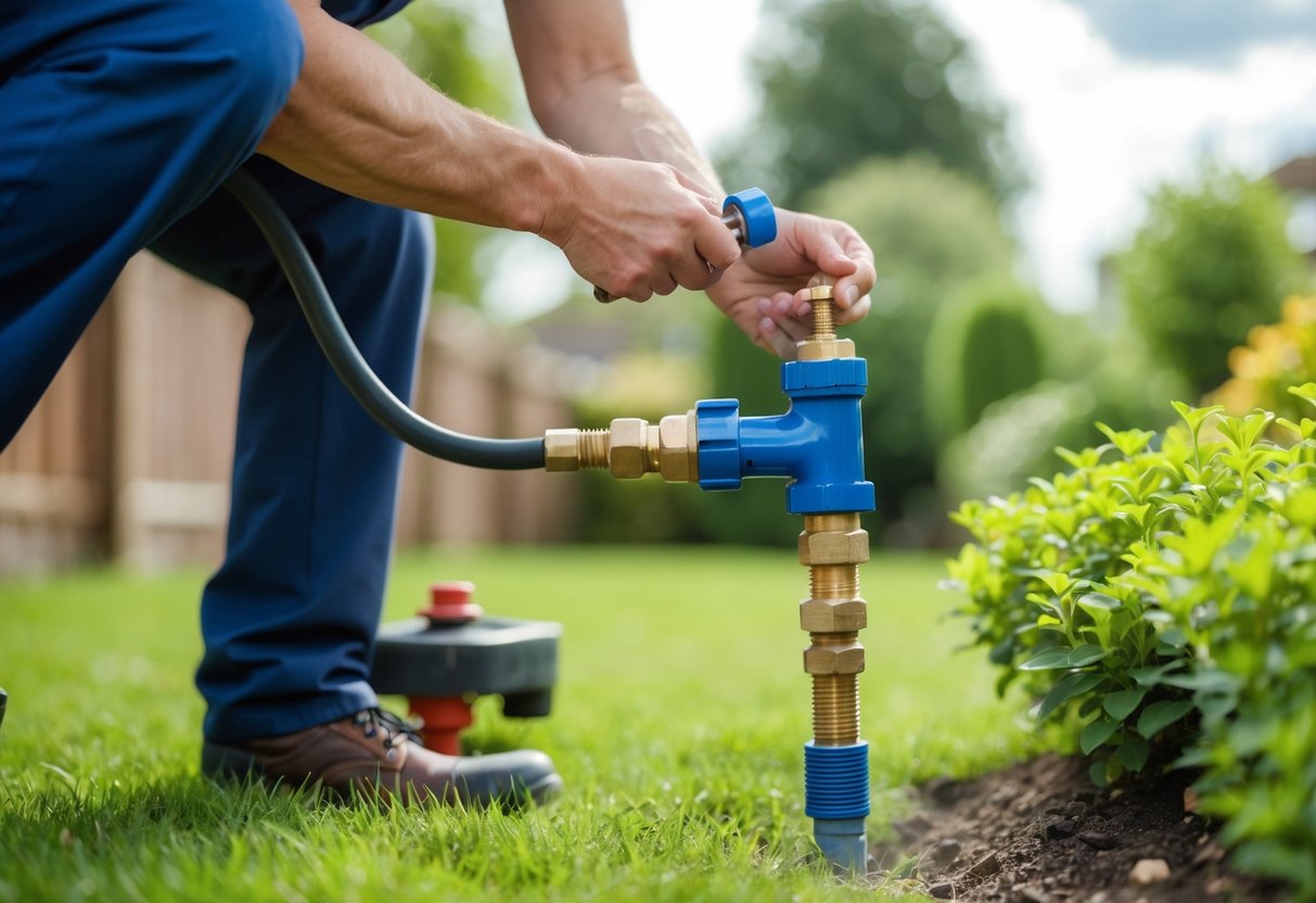 A plumber fixing a leaky pipe in a suburban garden