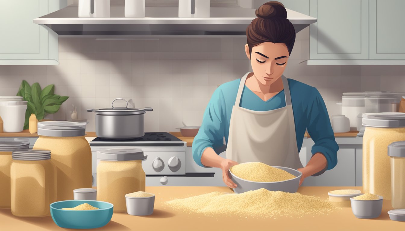 A pile of spoiled almond flour sits on a kitchen counter, surrounded by empty containers and a disappointed cook