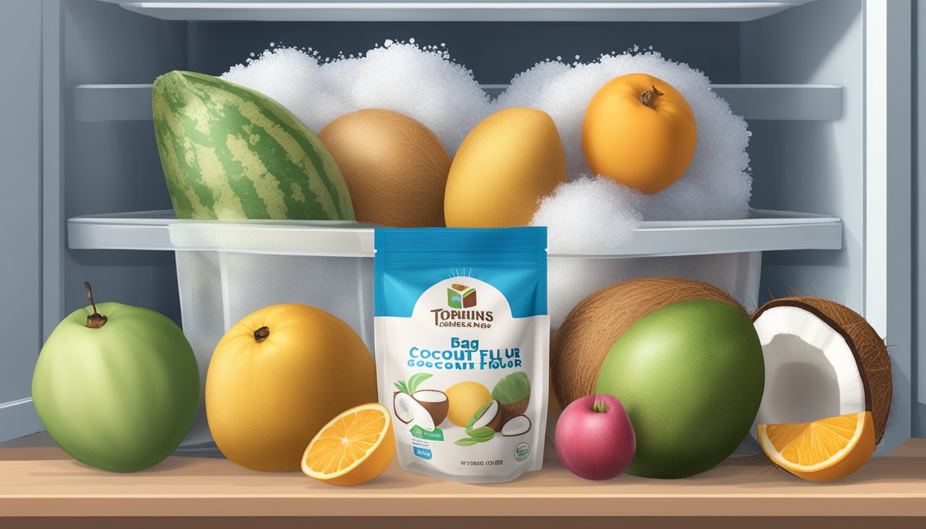 A bag of coconut flour sits in a freezer next to frozen fruits and vegetables