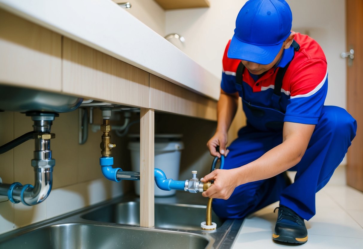 A plumber in Taman Desa fixing a leaky pipe under a sink