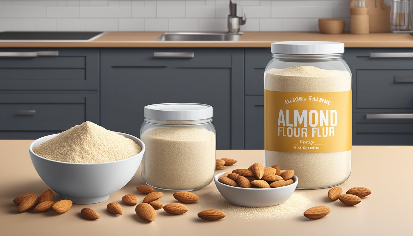 A bowl of almond flour sits on a clean, well-lit kitchen counter, surrounded by fresh almonds and a sealed container