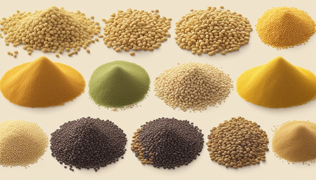 A variety of millet grains arranged in a row, with some in open bags and others in containers, showing the different types and colors