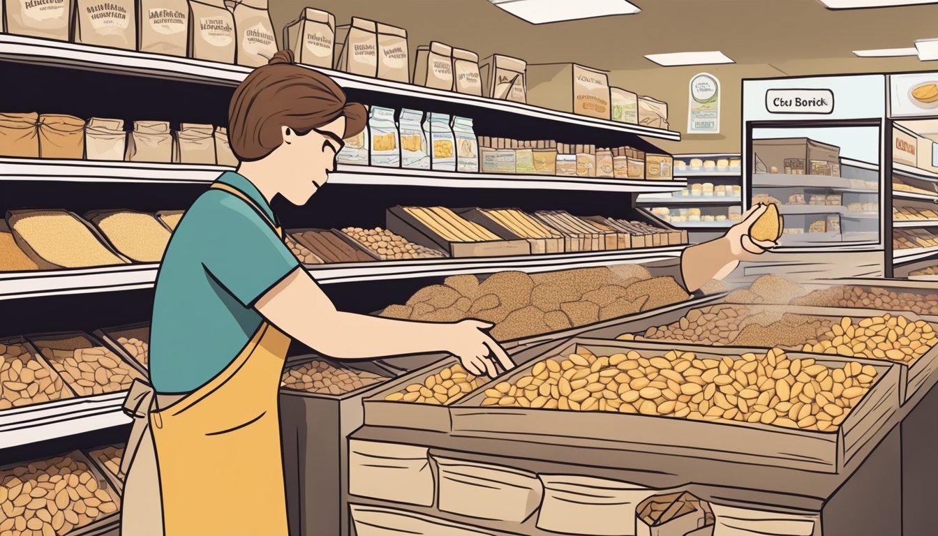 A hand reaches for a bag of almond flour on a grocery store shelf, while a customer asks a store employee if almond flour goes bad