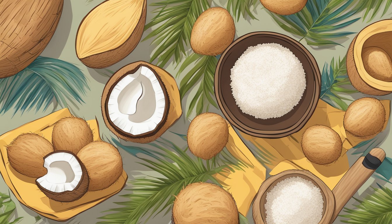 A bowl of coconut flour surrounded by fresh coconuts and a variety of baked goods, with a question mark hovering above the flour