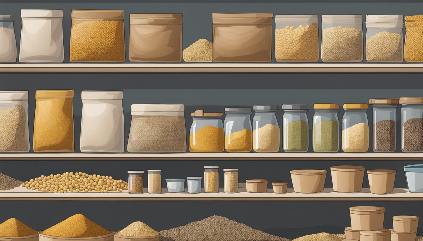 A pantry shelf filled with bags and containers of millet, some open and partially used, while others remain sealed and untouched