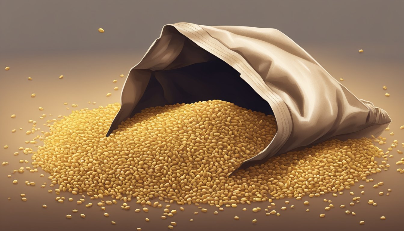 A pile of millet grains spilling out of a torn bag, with a few scattered on the ground