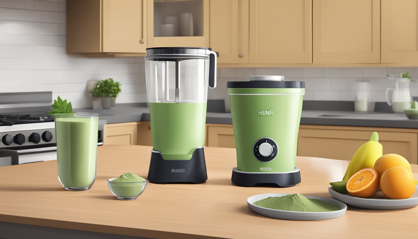 A sealed container of hemp protein powder sits on a clean, organized kitchen counter, surrounded by fresh fruits and a blender