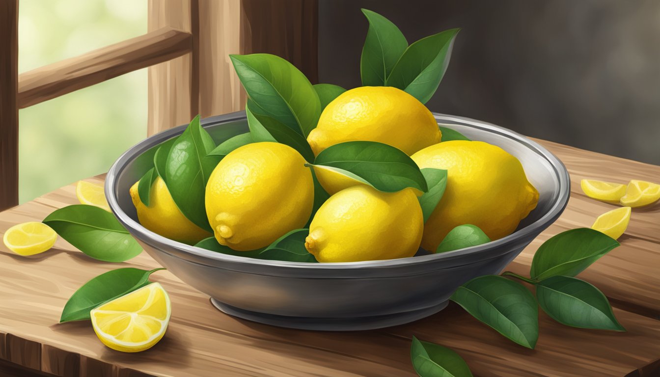 A bowl of vibrant yellow lemons, with glossy skin and fresh green leaves, sits on a rustic wooden table