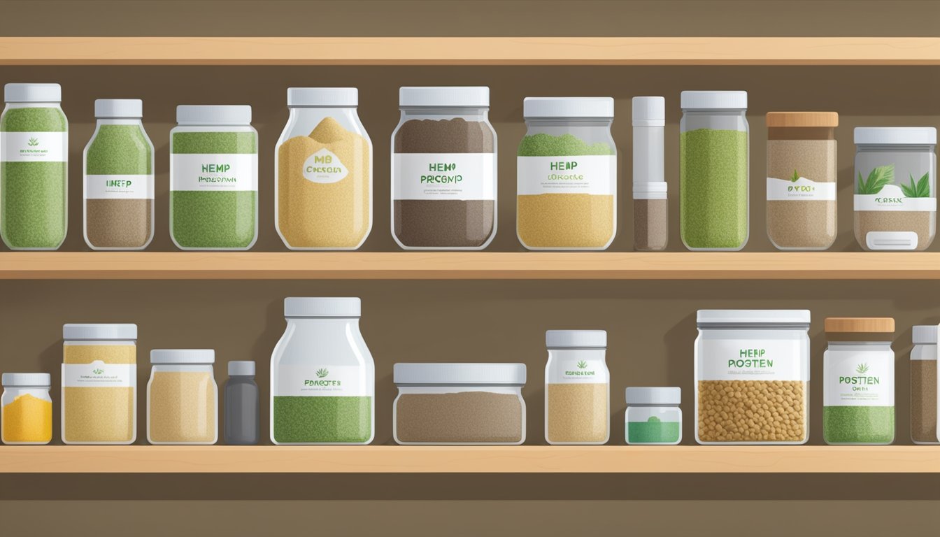 A jar of hemp protein sits on a shelf in a pantry, surrounded by neatly organized containers and baskets of various sizes and shapes