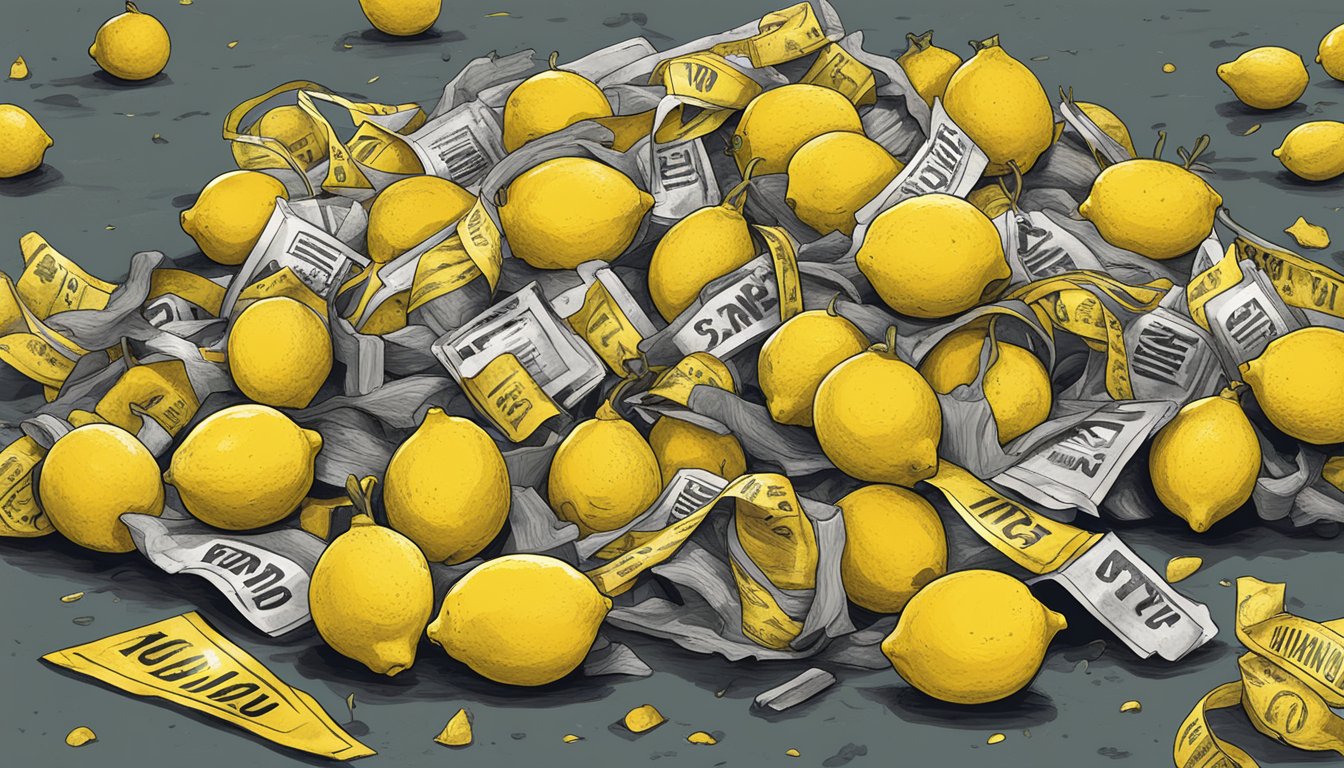 A pile of rotting lemons surrounded by caution tape and a warning sign