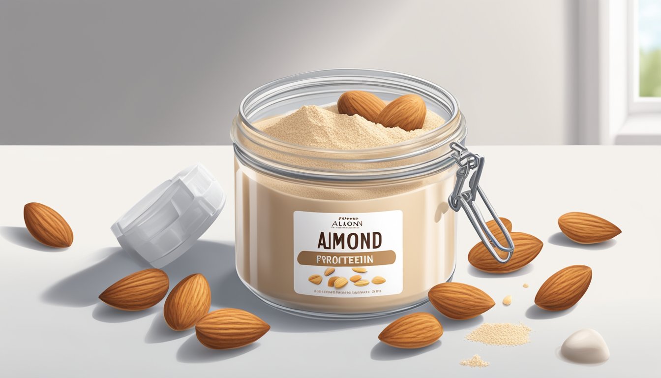 A jar of almond protein powder sits on a clean, white countertop, surrounded by scattered almonds and a few empty scoops. A faint aroma of almonds lingers in the air