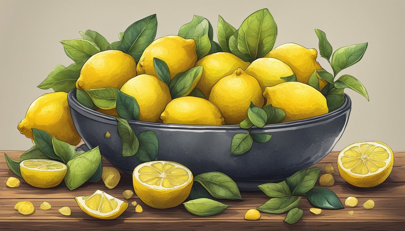 A pile of lemons, some fresh and vibrant, others shriveled and moldy, sitting on a wooden table