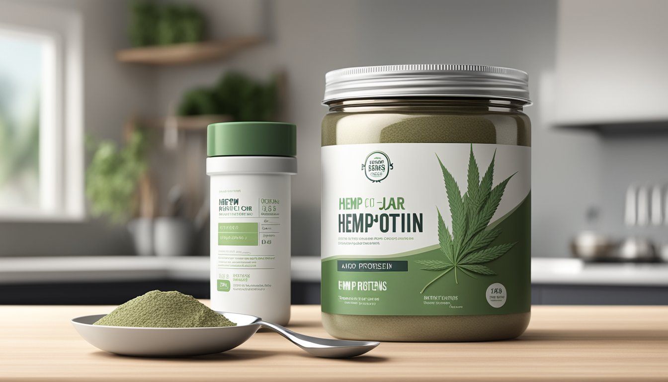 A jar of hemp protein sits on a clean, modern kitchen counter with a sleek, metallic spoon beside it. The label is crisp and clear, and the powder inside is fresh and inviting