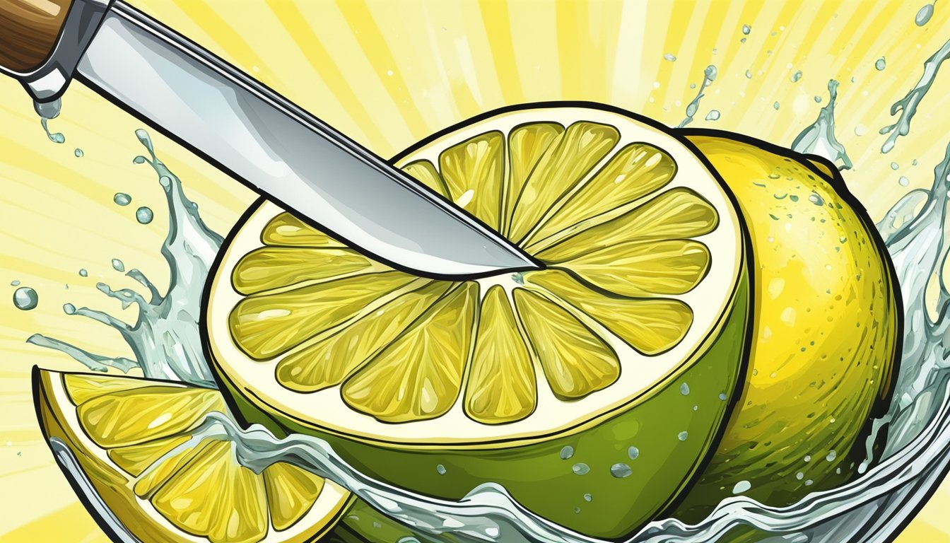 A lemon being sliced open, with fresh juice glistening on the exposed flesh and the vibrant yellow rind emitting a zesty aroma