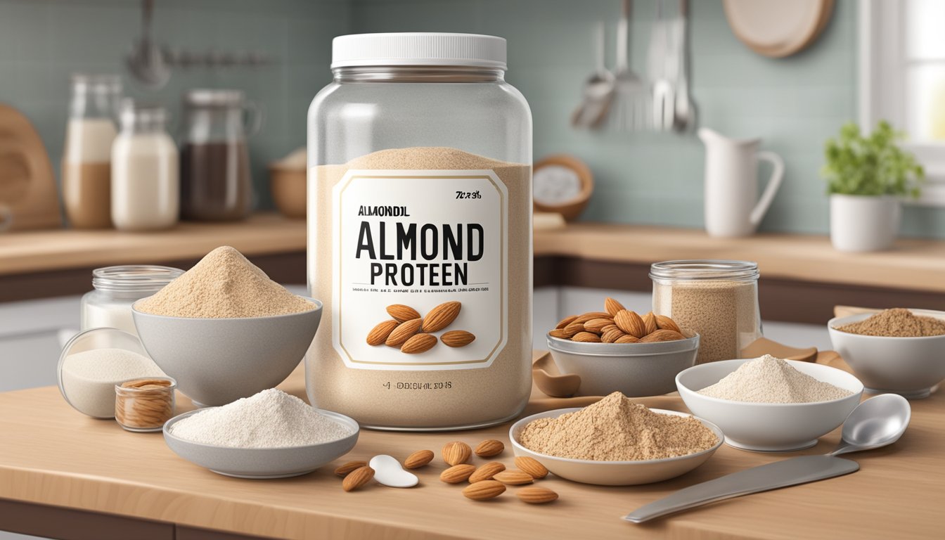 A glass jar of almond protein powder sits on a kitchen counter, surrounded by various food items. The jar is labeled with the expiration date