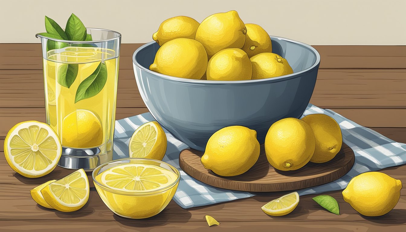 A bowl of ripe yellow lemons next to a glass of lemonade, with a citrus juicer and lemon zest scattered on a wooden cutting board