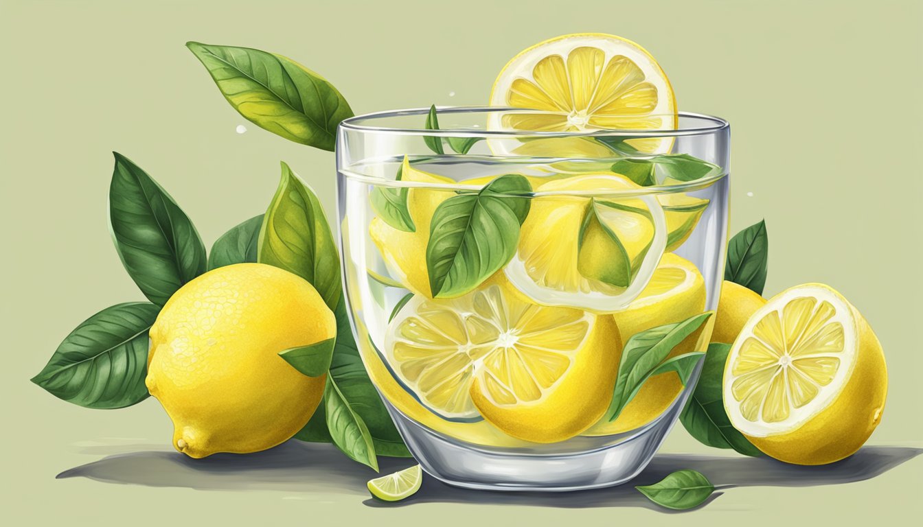 A bowl of fresh lemons with vibrant yellow color, surrounded by lemon slices and a glass of lemon water