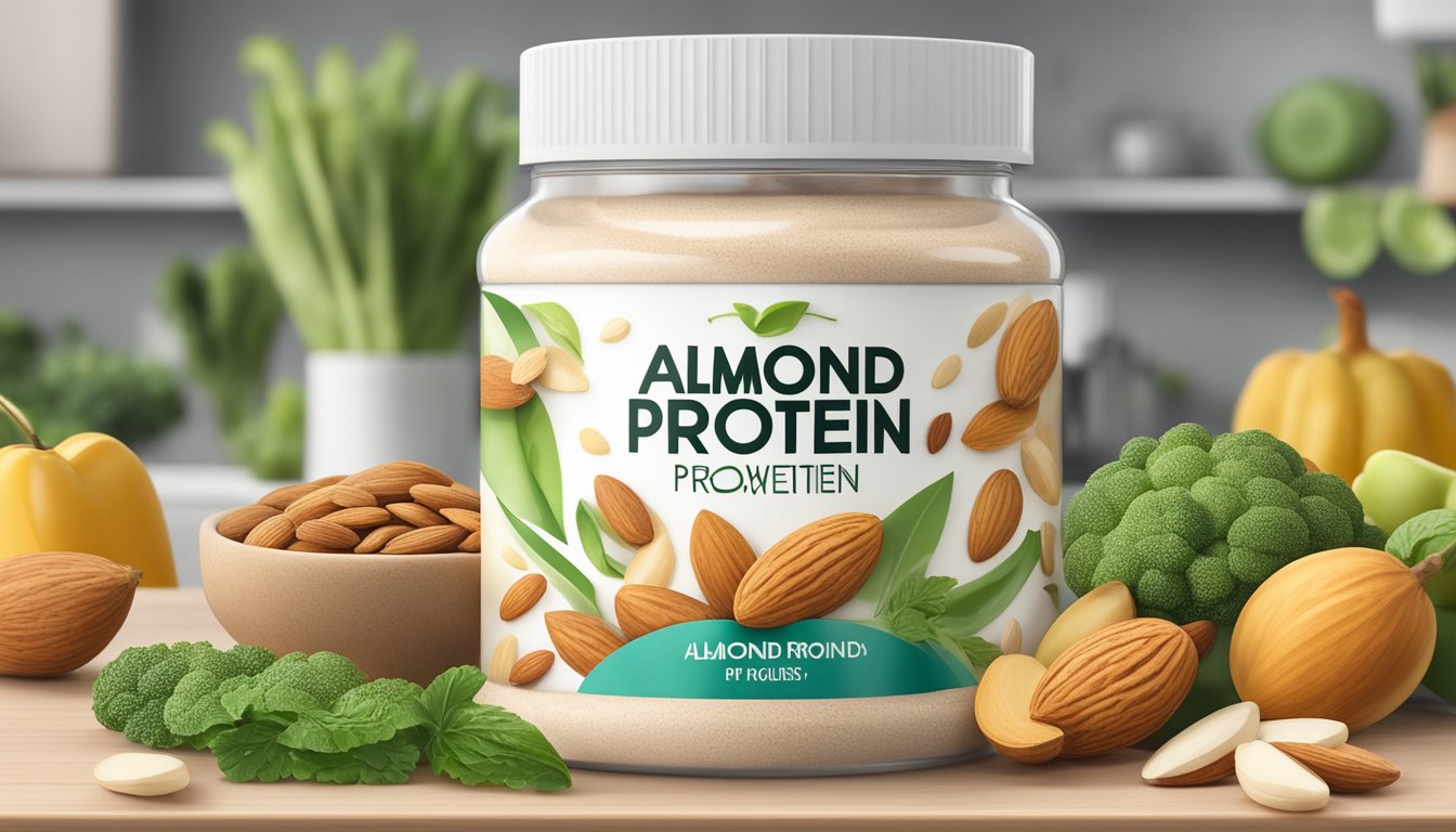 A jar of almond protein powder sits on a kitchen counter, surrounded by fresh almonds and a variety of fruits and vegetables