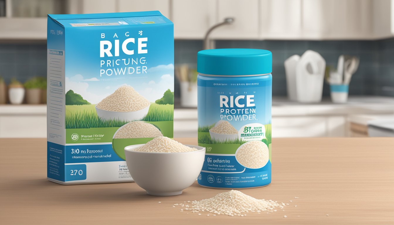 A bag of rice protein powder sits on a kitchen counter next to a calendar showing the current date. The packaging is unopened and appears to be in good condition